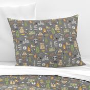 Outdoors Camping Woodland Doodle with Campfire, Raccoon, Mountains, Trees, Logs on Dark Grey