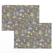 Outdoors Camping Woodland Doodle with Campfire, Raccoon, Mountains, Trees, Logs on Dark Grey