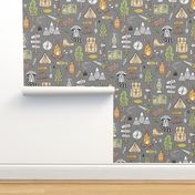 Outdoors Camping Woodland Doodle with Campfire, Raccoon, Mountains, Trees, Logs on Dark Grey