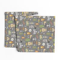 Outdoors Camping Woodland Doodle with Campfire, Raccoon, Mountains, Trees, Logs on Dark Grey