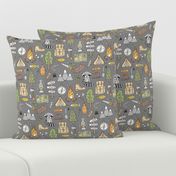 Outdoors Camping Woodland Doodle with Campfire, Raccoon, Mountains, Trees, Logs on Dark Grey