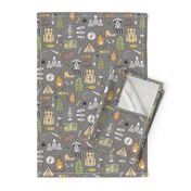 Outdoors Camping Woodland Doodle with Campfire, Raccoon, Mountains, Trees, Logs on Dark Grey