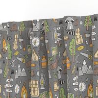 Outdoors Camping Woodland Doodle with Campfire, Raccoon, Mountains, Trees, Logs on Dark Grey