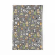 Outdoors Camping Woodland Doodle with Campfire, Raccoon, Mountains, Trees, Logs on Dark Grey