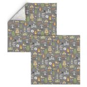 Outdoors Camping Woodland Doodle with Campfire, Raccoon, Mountains, Trees, Logs on Dark Grey