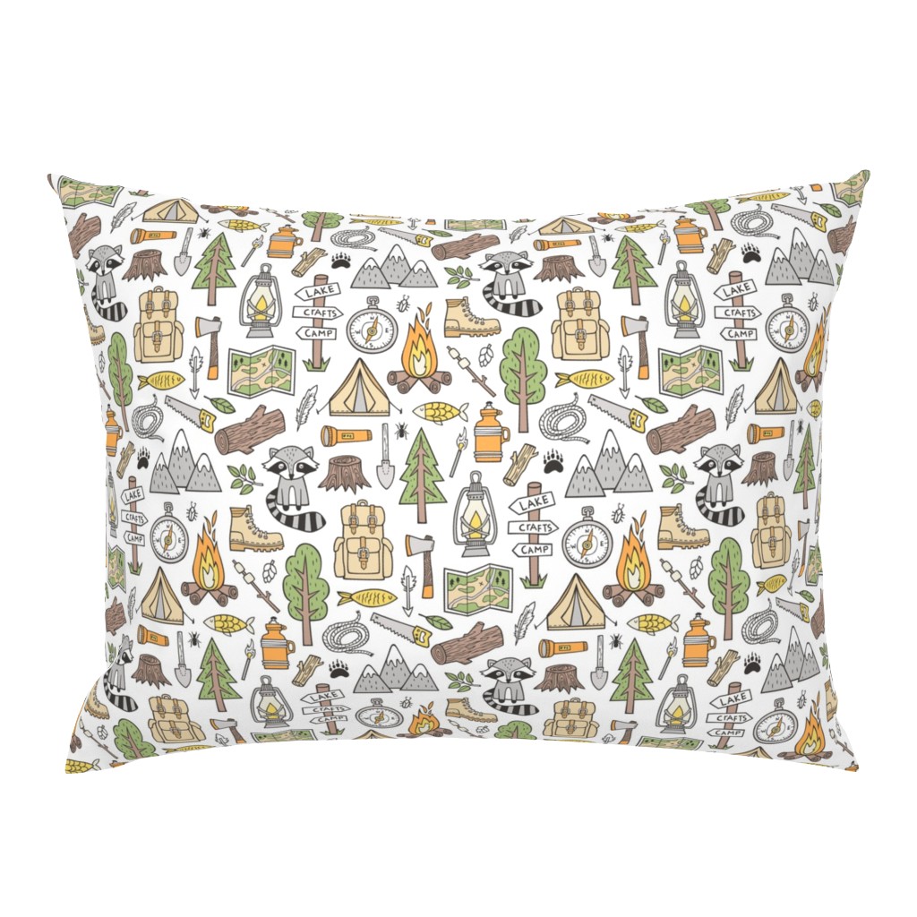 Outdoors Camping Woodland Doodle with Campfire, Raccoon, Mountains, Trees, Logs on White