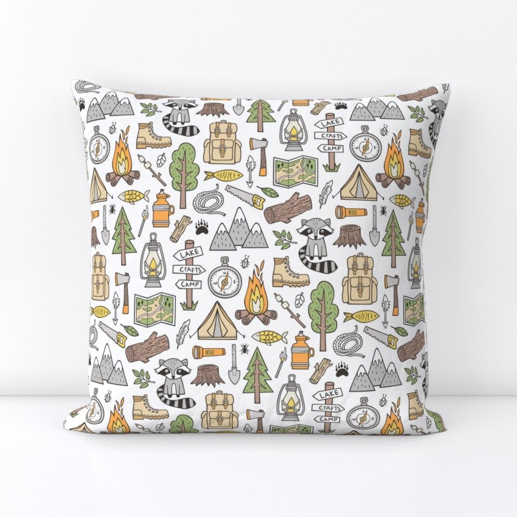 Outdoors Camping Woodland Doodle with Campfire, Raccoon, Mountains, Trees, Logs on White