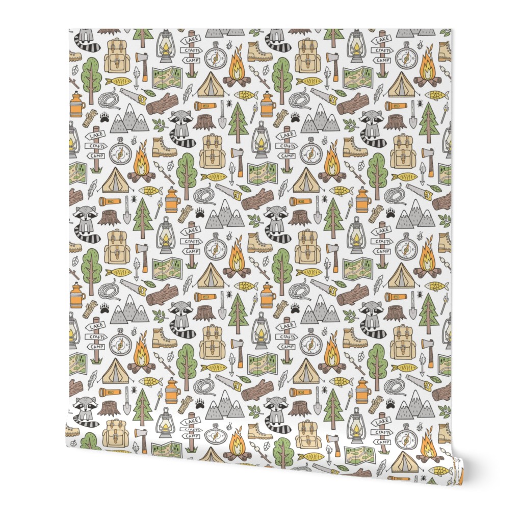 Outdoors Camping Woodland Doodle with Campfire, Raccoon, Mountains, Trees, Logs on White