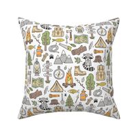 Outdoors Camping Woodland Doodle with Campfire, Raccoon, Mountains, Trees, Logs on White