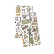 Outdoors Camping Woodland Doodle with Campfire, Raccoon, Mountains, Trees, Logs on White