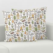 Outdoors Camping Woodland Doodle with Campfire, Raccoon, Mountains, Trees, Logs on White
