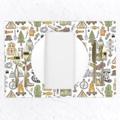 Outdoors Camping Woodland Doodle with Campfire, Raccoon, Mountains, Trees, Logs on White