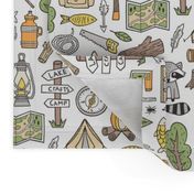 Outdoors Camping Woodland Doodle with Campfire, Raccoon, Mountains, Trees, Logs on White