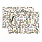 Outdoors Camping Woodland Doodle with Campfire, Raccoon, Mountains, Trees, Logs on White