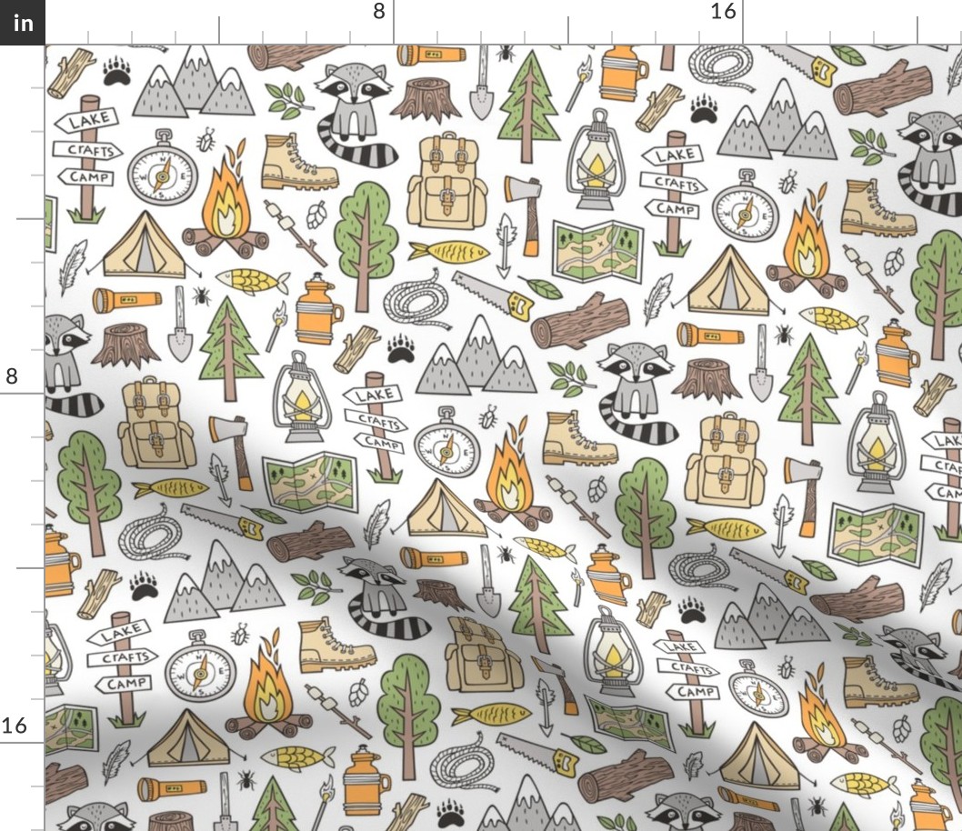 Outdoors Camping Woodland Doodle with Campfire, Raccoon, Mountains, Trees, Logs on White
