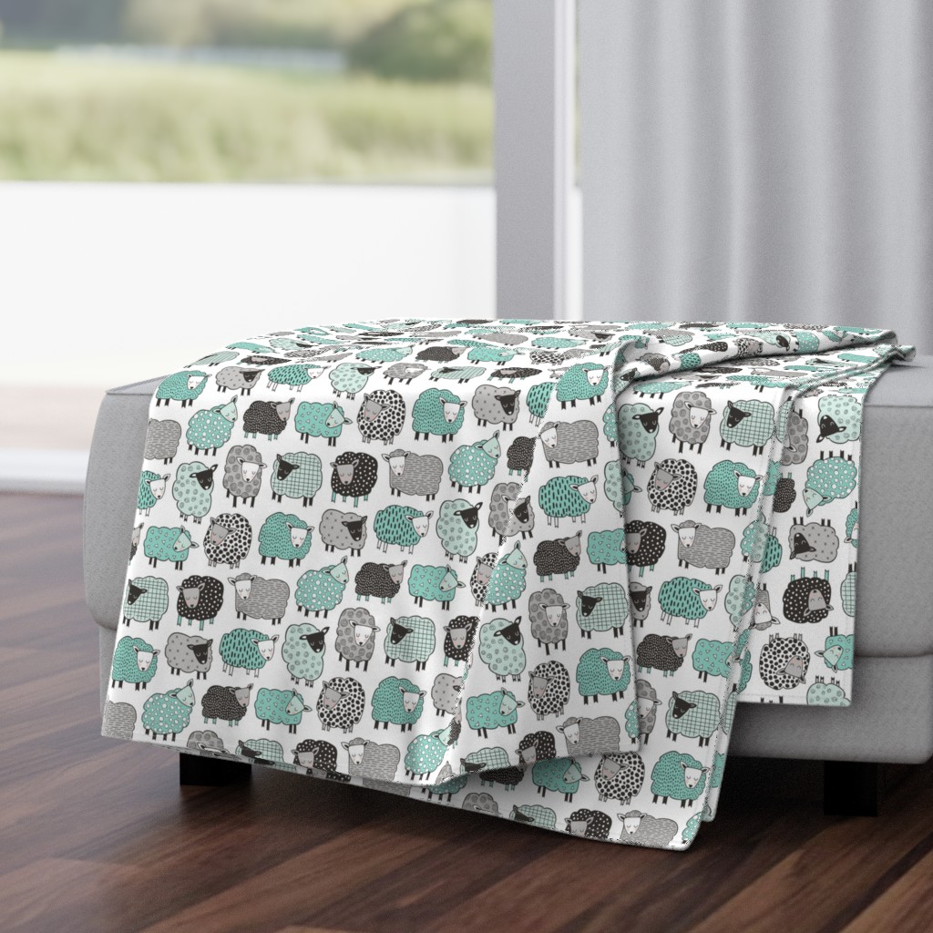 Sheep Geometric Patterned Black & White Grey  Mint Green on White