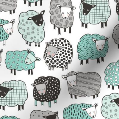 Sheep Geometric Patterned Black & White Grey  Mint Green on White