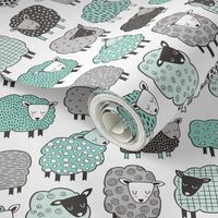 Sheep Geometric Patterned Black & White Grey  Mint Green on White