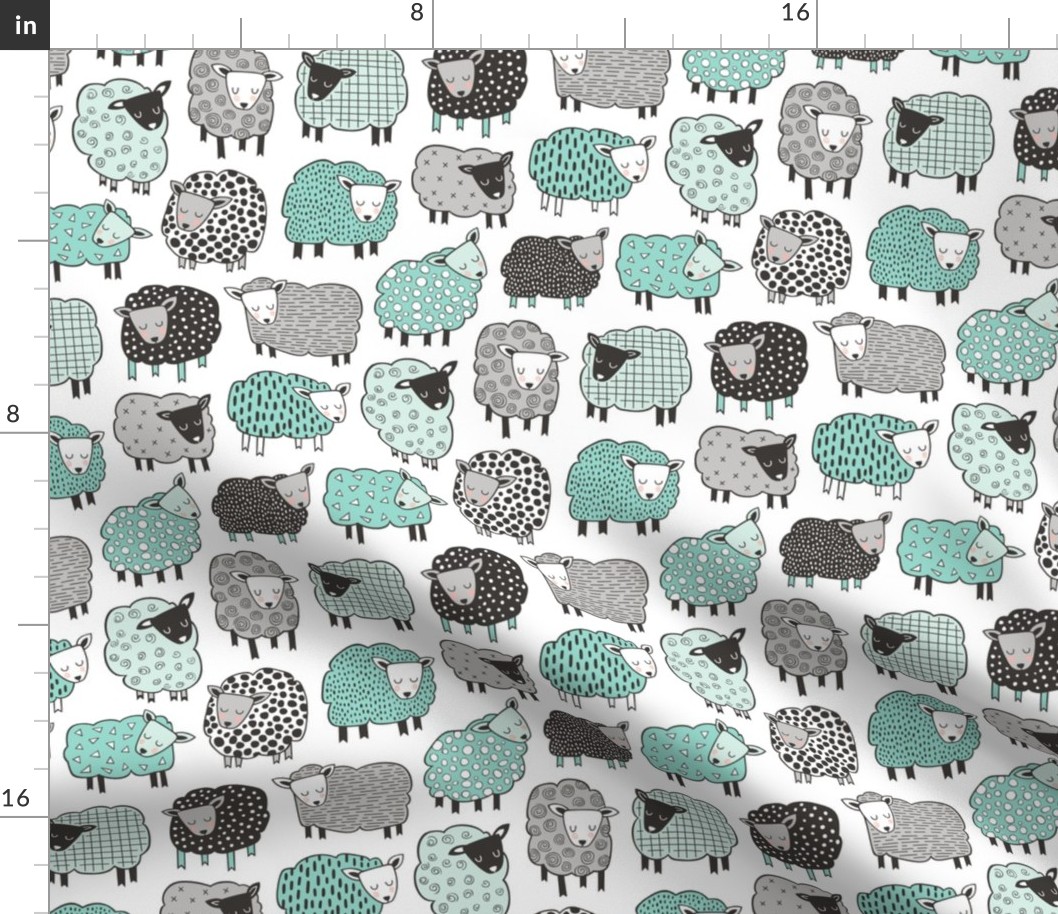 Sheep Geometric Patterned Black & White Grey  Mint Green on White