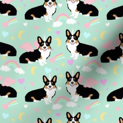 corgi unicorn fabric - tricolored corgis pastel unicorn corgi design