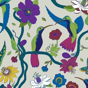 Hummingbirds and Passion flowers - blue on grey