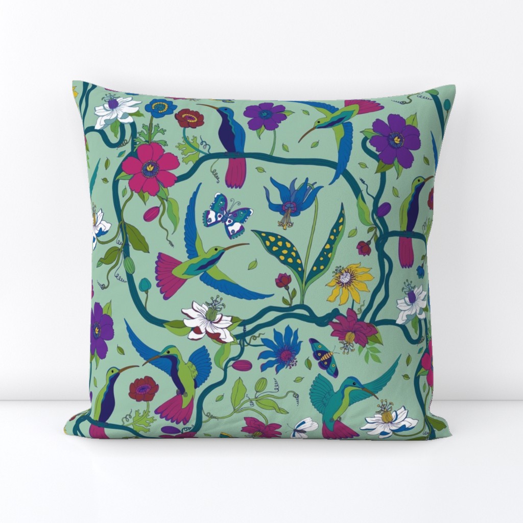 Hummingbirds and Passion flowers - on pale green