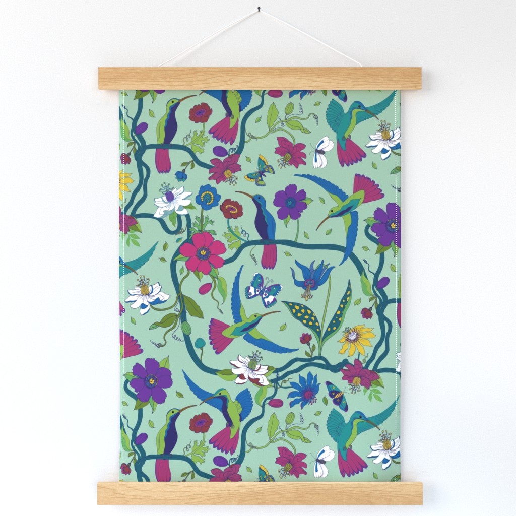 Hummingbirds and Passion flowers - on pale green by Cecca Designs