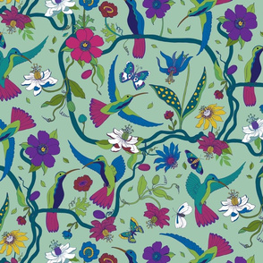 Hummingbirds and Passion flowers - on pale green