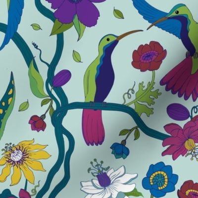Hummingbirds and Passion flowers - on sky blue