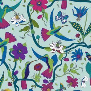 Hummingbirds and Passion flowers - on sky blue