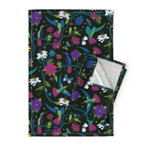 Hummingbirds and Passion flowers - on black by Cecca Designs