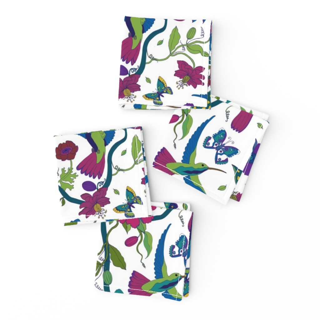 Hummingbirds and Passion flowers - on White