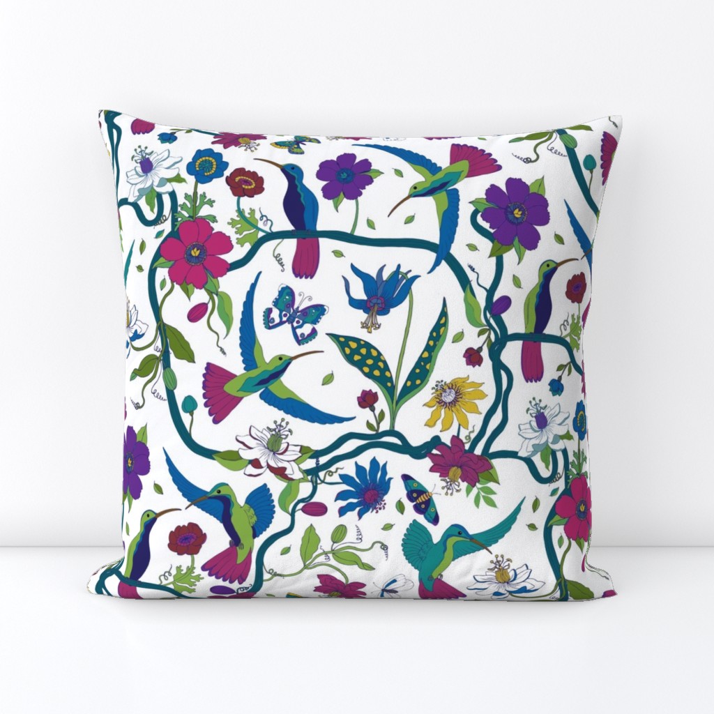 Hummingbirds and Passion flowers - on White