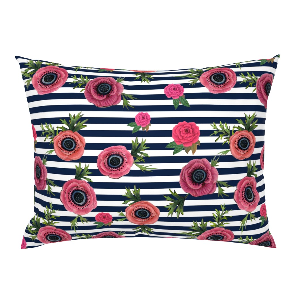 Navy stripe flowers // watercolor floral / nautical stripe