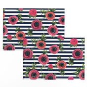 Navy stripe flowers // watercolor floral / nautical stripe