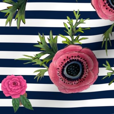 Navy stripe flowers // watercolor floral / nautical stripe