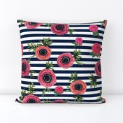 Navy stripe flowers // watercolor floral / nautical stripe