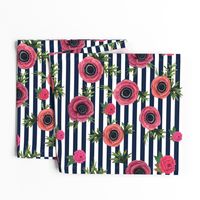 Navy stripe flowers // watercolor floral / nautical stripe