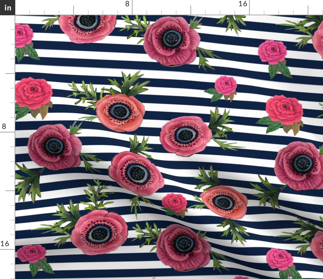 Navy stripe flowers // watercolor floral / nautical stripe