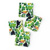 Watercolor toucans with monstera leaves - white