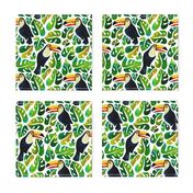 Watercolor toucans with monstera leaves - white