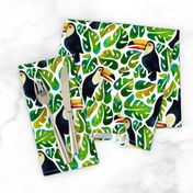 Watercolor toucans with monstera leaves - white