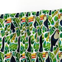 Watercolor toucans with monstera leaves - white