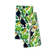 Watercolor toucans with monstera leaves - white