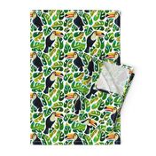 Watercolor toucans with monstera leaves - white