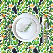 Watercolor toucans with monstera leaves - white