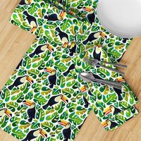 Watercolor toucans with monstera leaves - white