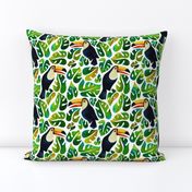 Watercolor toucans with monstera leaves - white