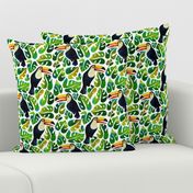 Watercolor toucans with monstera leaves - white