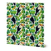 Watercolor toucans with monstera leaves - white